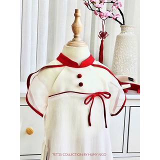 Áo dái cách tân bé gái HUMY NGO chất liệu tơ lụa ánh be phối đỏ cao cấp cho bé từ 14 - 42kg [98]