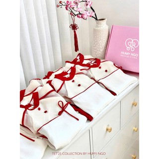 Áo dái cách tân bé gái HUMY NGO chất liệu tơ lụa ánh be phối đỏ cao cấp cho bé từ 14 - 42kg [98]