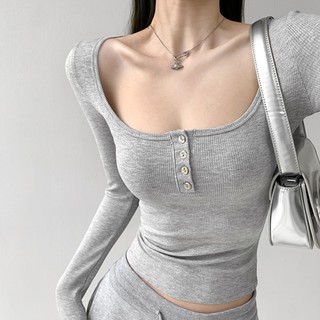 THEKIM Áo thun dài tay cổ U cúc ngực , áo thun croptop nữ tăm lạnh T312