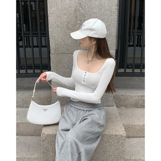 THEKIM Áo thun dài tay cổ U cúc ngực , áo thun croptop nữ tăm lạnh T312