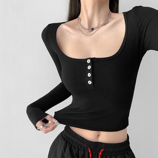THEKIM Áo thun dài tay cổ U cúc ngực , áo thun croptop nữ tăm lạnh T312
