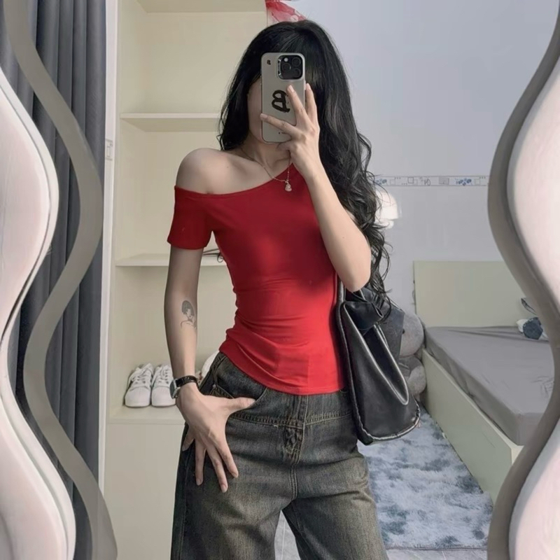 [Nhiều size) ÁO LỆCH VAI TAY NGẮN - Áo thun lệch vai bên thun borip co giãn 4c có thắt eo tôn dáng ảnh thật về