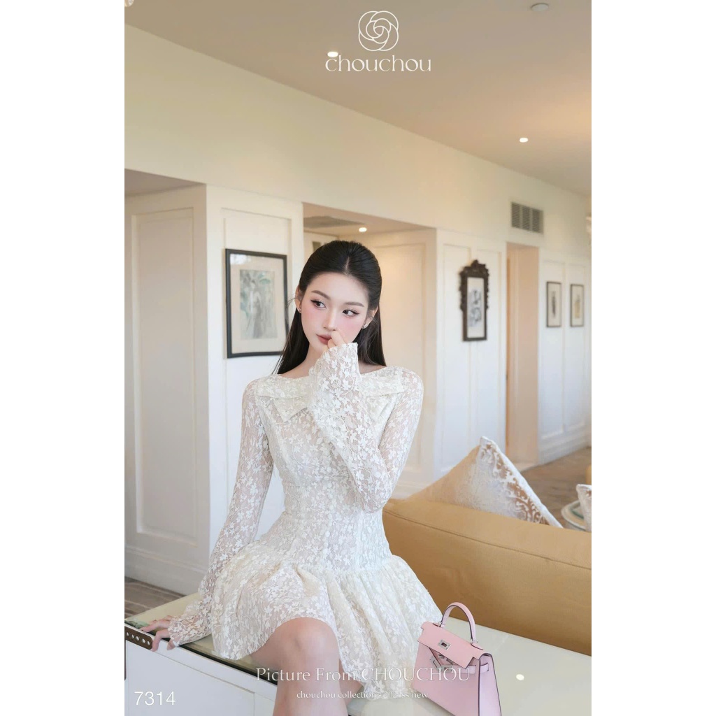 Đầm váy ren nữ hai lớp phối chân váy xoè, đầm váy ren nữ hoạ tiết nổi tay dài chiết eo phối chân váy dáng xoè basic