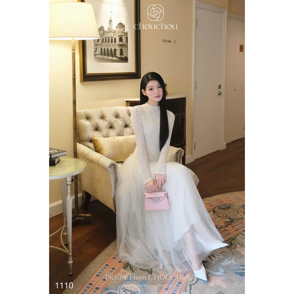 Đầm váy ren nữ ôm dáng phối chân váy voan dài xoè, đầm váy nữ cổ tròn tay dài hoạ tiết phối chân váy xếp ly sang chảnh