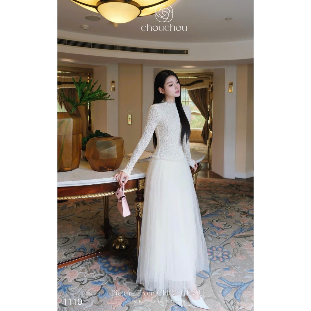 Đầm váy ren nữ ôm dáng phối chân váy voan dài xoè, đầm váy nữ cổ tròn tay dài hoạ tiết phối chân váy xếp ly sang chảnh