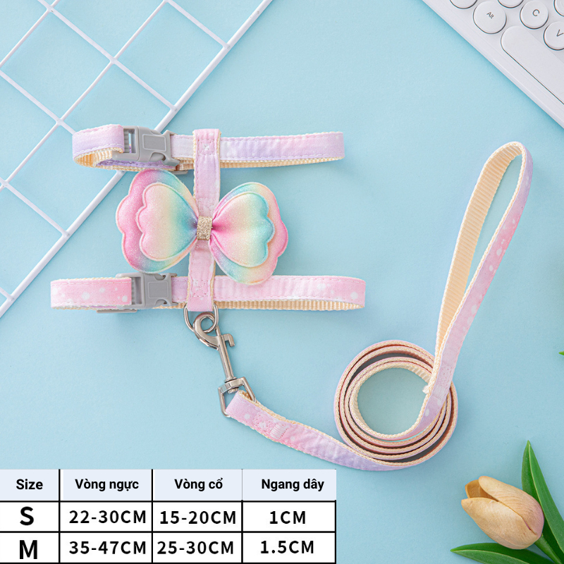 Dây Dắt Kèm Yếm Bò Cao Cấp Cho Chó Nhỏ Mèo Cún Thú Cưng Phốc Sóc Pitbull 1kg Đi Dạo Lớn Show Huấn Luyện Siêu Dài 7 Màu