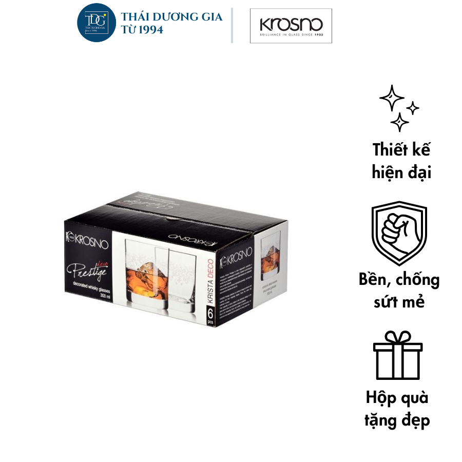 Bộ 6 cốc thủy tinh uống rượu cao cấp khảm hoa văn dáng thấp 300ml Ba Lan Krosno-786193