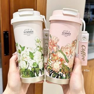 Cốc , Ly giữ Nhiệt Hoa Lá Cành  Có Quai Xách , Cốc Giữ Nhiệt Nóng Lạnh Inox 316 Cao Cấp Có Ống Hút