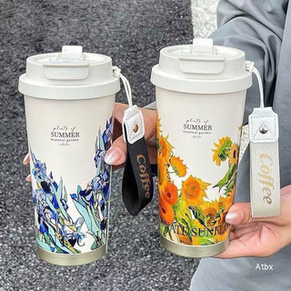 Cốc , Ly giữ Nhiệt Hoa Lá Cành  Có Quai Xách , Cốc Giữ Nhiệt Nóng Lạnh Inox 316 Cao Cấp Có Ống Hút
