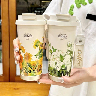 Cốc , Ly giữ Nhiệt Hoa Lá Cành  Có Quai Xách , Cốc Giữ Nhiệt Nóng Lạnh Inox 316 Cao Cấp Có Ống Hút
