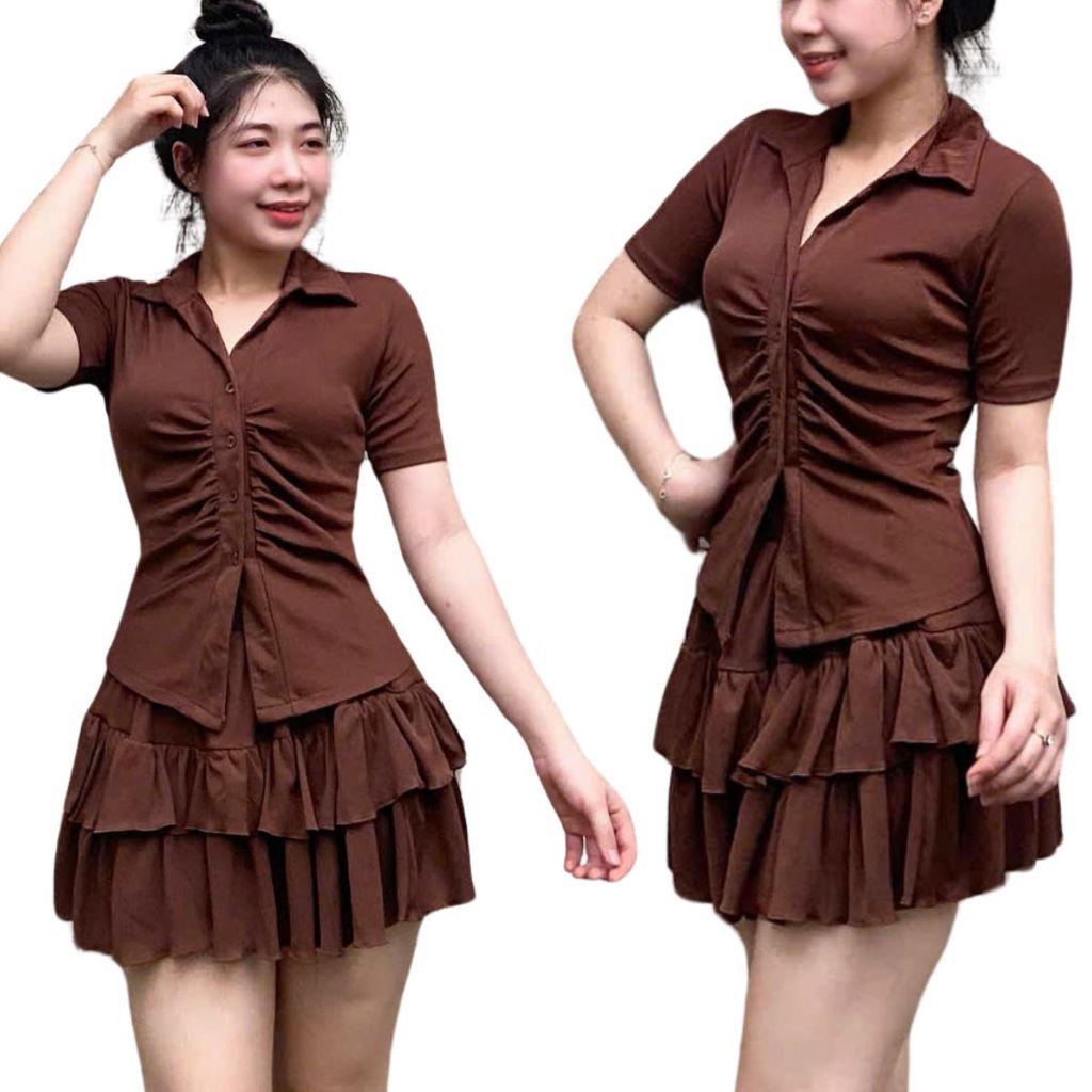Sét Váy Nữ Áo Kiểu Sơ Mi Thiết Kế Set 2 Món Váy 2 Tầng Áo Polo Set Đồ Nữ Đi Chơi Đẹp ESHOP MS291
