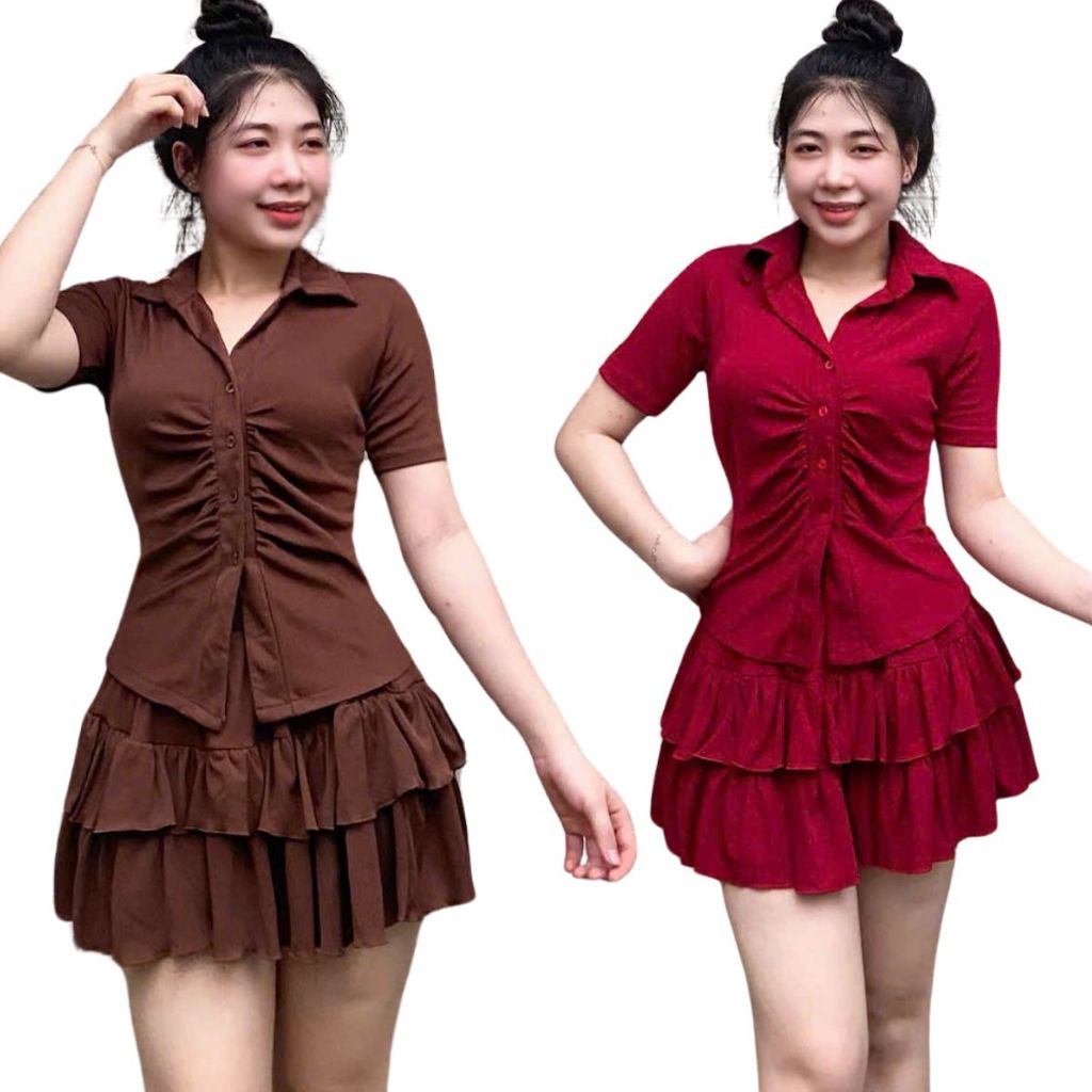 Sét Váy Nữ Áo Kiểu Sơ Mi Thiết Kế Set 2 Món Váy 2 Tầng Áo Polo Set Đồ Nữ Đi Chơi Đẹp ESHOP MS291