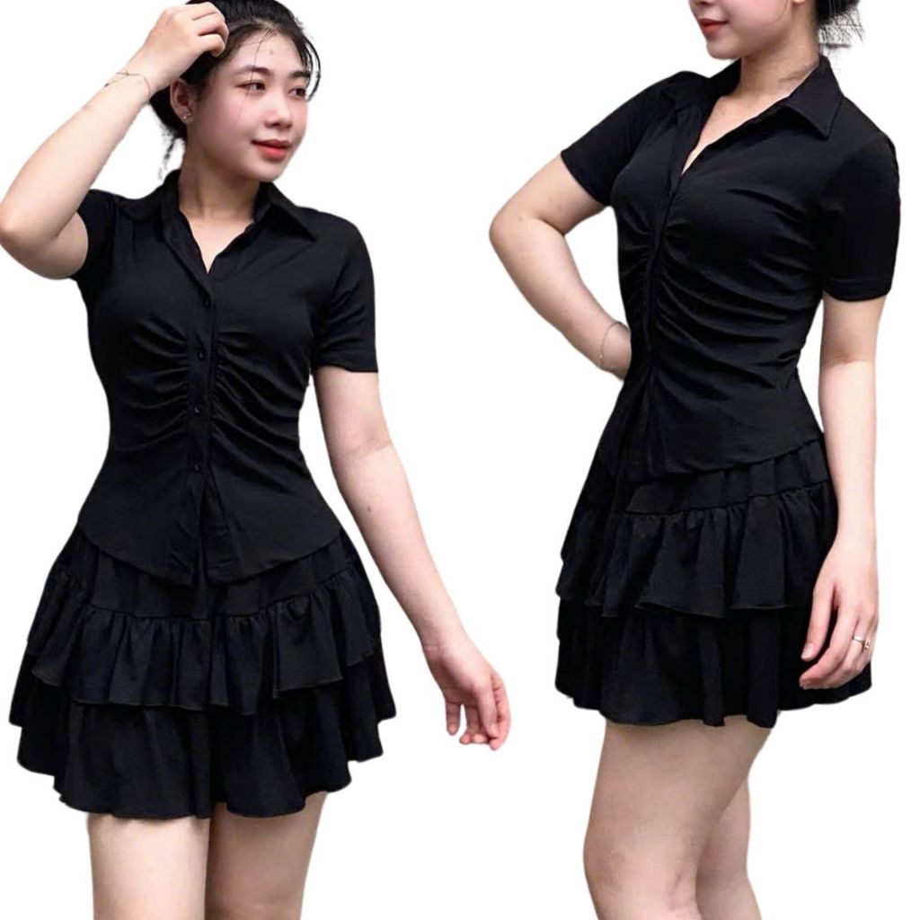 Sét Váy Nữ Áo Kiểu Sơ Mi Thiết Kế Set 2 Món Váy 2 Tầng Áo Polo Set Đồ Nữ Đi Chơi Đẹp ESHOP MS291