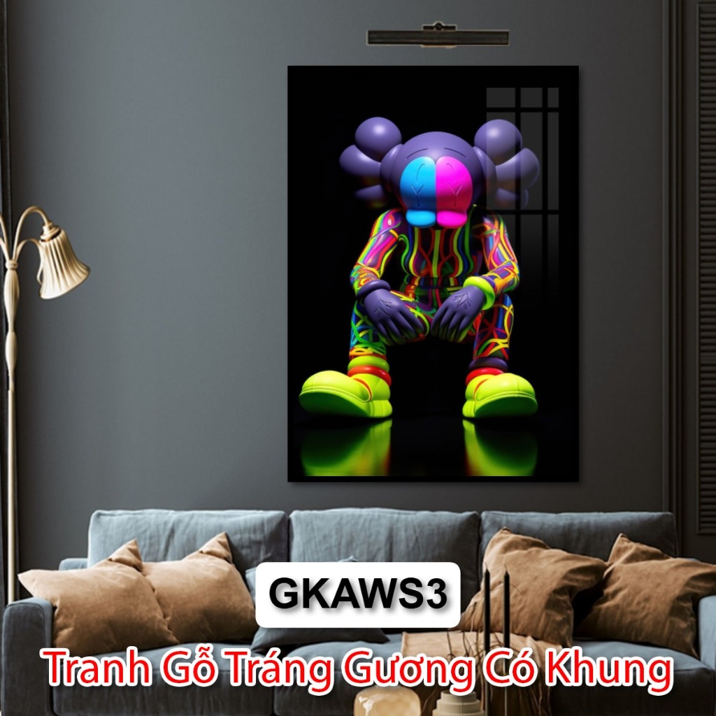 Tranh Treo Tường Gấu Kaws - Tranh Tráng Gương Có Khung Trang Trí Phòng Khách, Phòng Ngủ, Khách Sạn - Decor Tường, Decor
