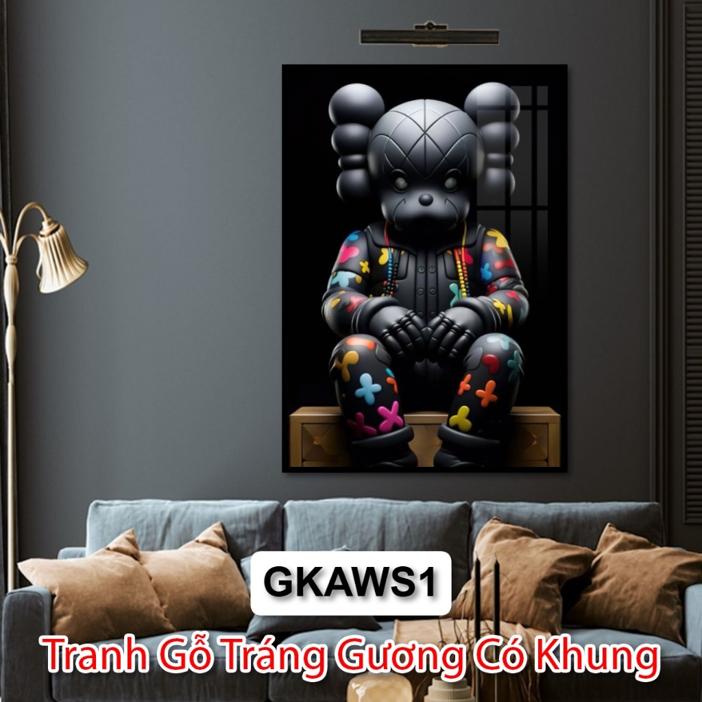 Tranh Treo Tường Gấu Kaws - Tranh Tráng Gương Có Khung Trang Trí Phòng Khách, Phòng Ngủ, Khách Sạn - Decor Tường, Decor