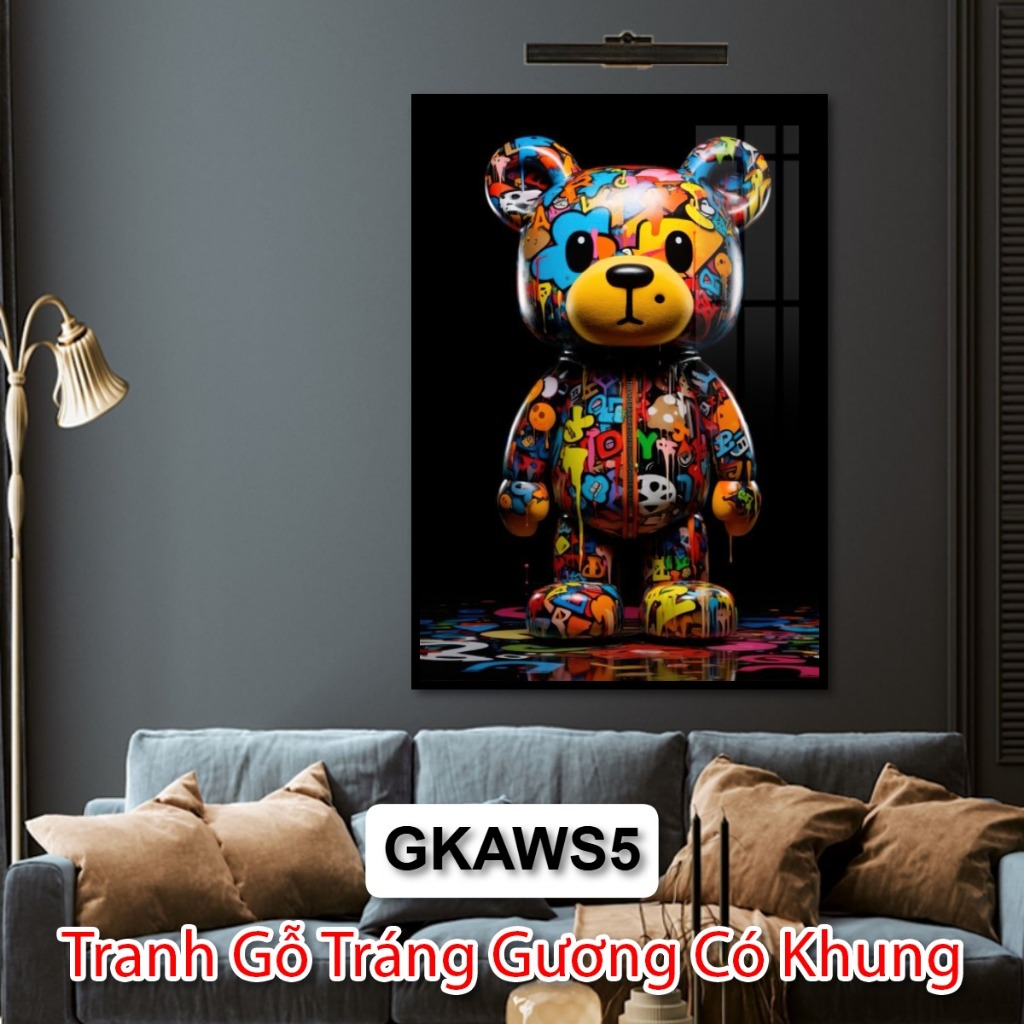Tranh Treo Tường Gấu Kaws - Tranh Tráng Gương Có Khung Trang Trí Phòng Khách, Phòng Ngủ, Khách Sạn - Decor Tường, Decor