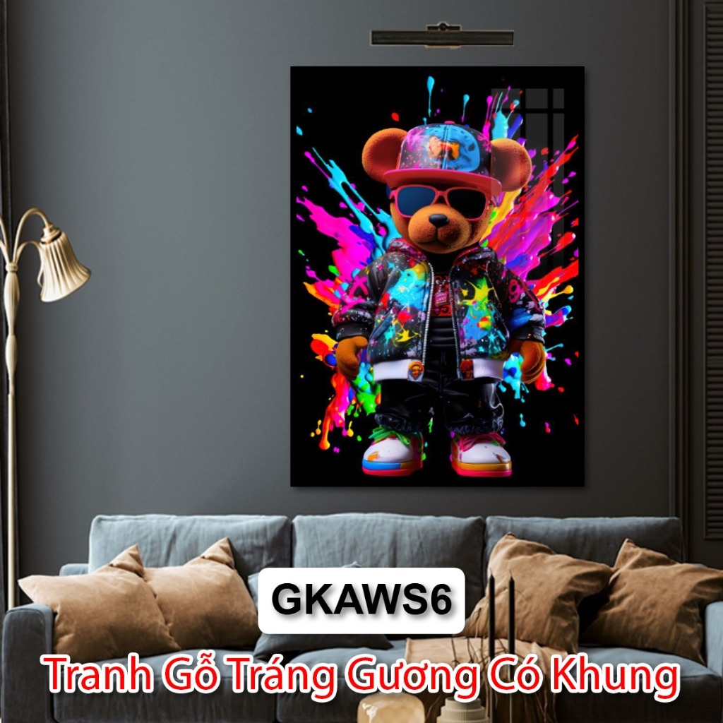 Tranh Treo Tường Gấu Kaws - Tranh Tráng Gương Có Khung Trang Trí Phòng Khách, Phòng Ngủ, Khách Sạn - Decor Tường, Decor