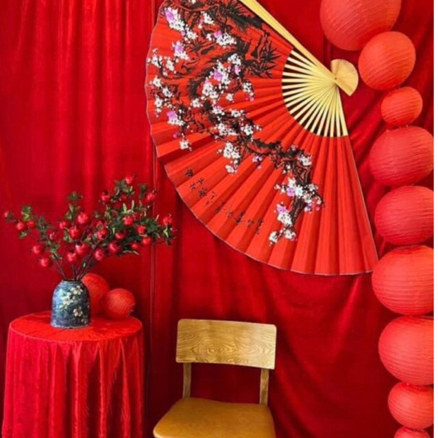 Quạt giấy treo tường Hoa Đào Cổ - Quạt hoa đào trang trí Tết, phòng cưới, phòng trà, cafe, nhà hàng.