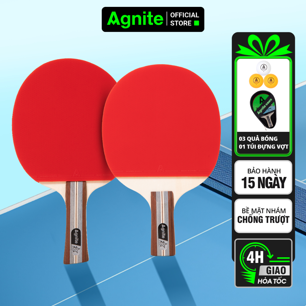 Bộ 2 Vợt Bóng Bàn Agnite Chính Hãng Siêu Nhẹ Mặt Mút Đàn Hồi 5 Lớp Gỗ Dương Cao Cấp Tặng 3 Quả Bóng