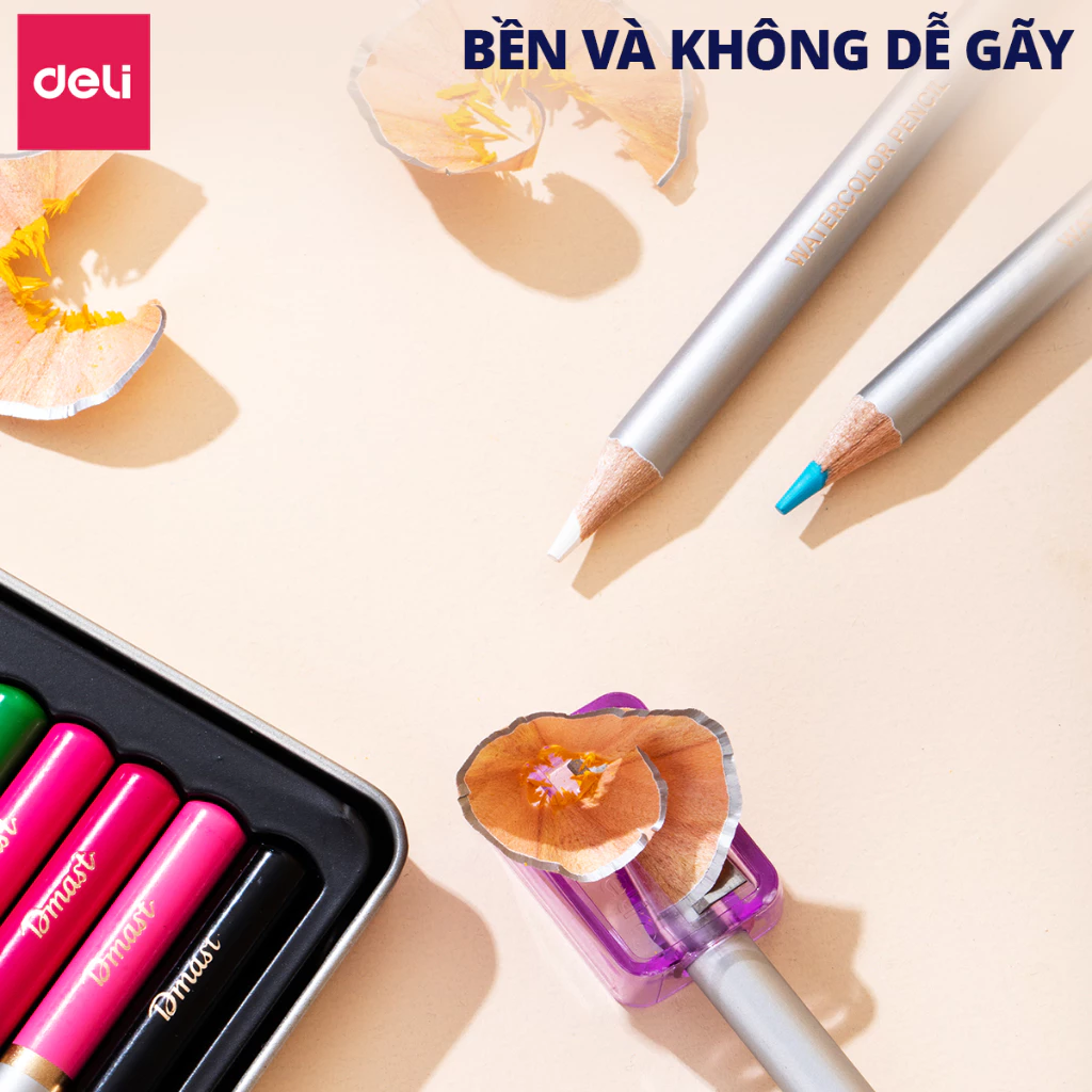 Bút Chì Màu Gốc Nước Chuyên Nghiệp Deli Kèm Cọ, Hộp Thiếc - 24/36/48 Màu Không Dễ Gãy Tô Màu Vẽ Tran