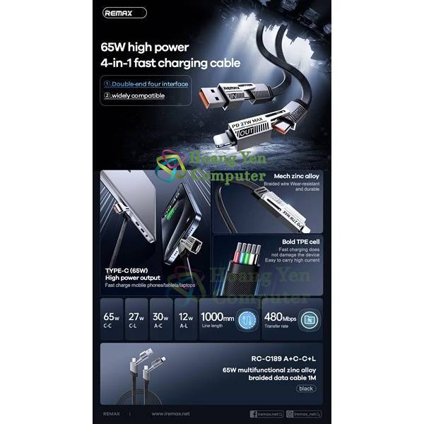 Cáp Sạc Đa Năng 4 IN 1 Remax RC-C189, Sạc nhanh QC3.0 PD27W PD65W - BH 6 Tháng Chính Hãng - Hoàng Yến Computer