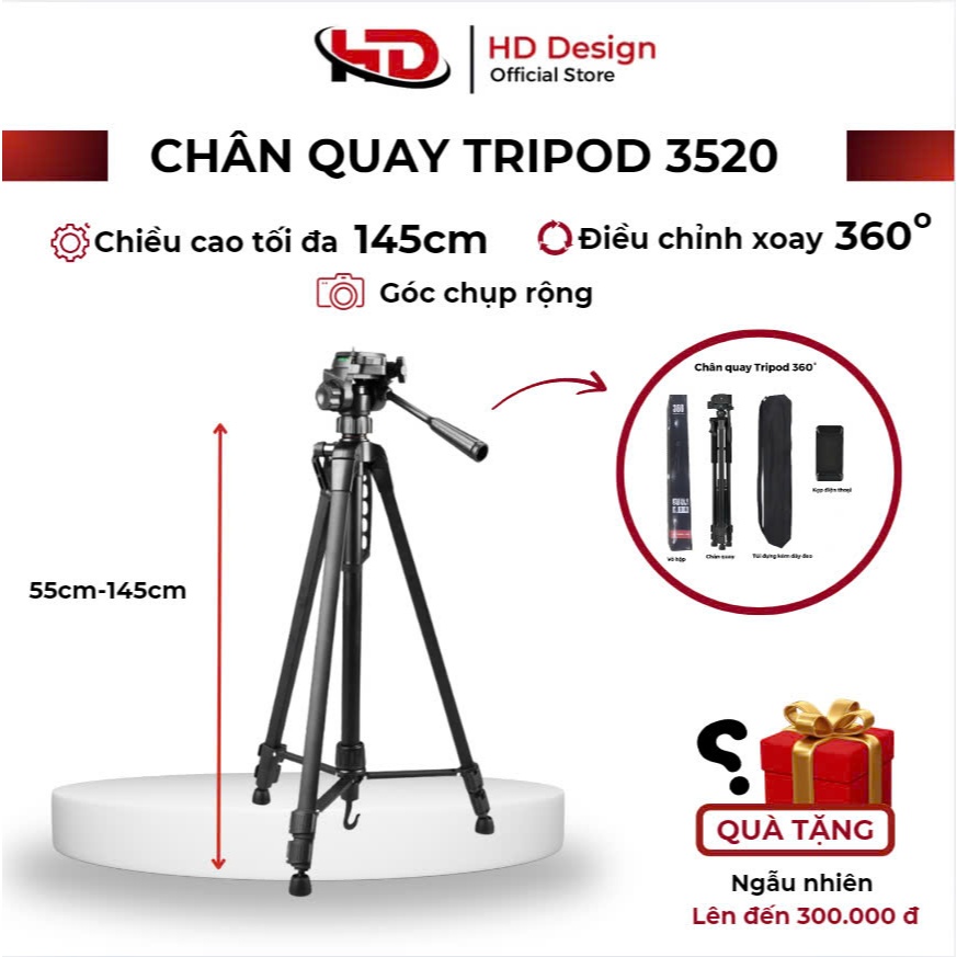 Chân Máy Ảnh, chân máy Tripod 3520,Chân Quay Video Hỗ Trợ Quay 360°-Kích Thước 55-145cm - HD Design