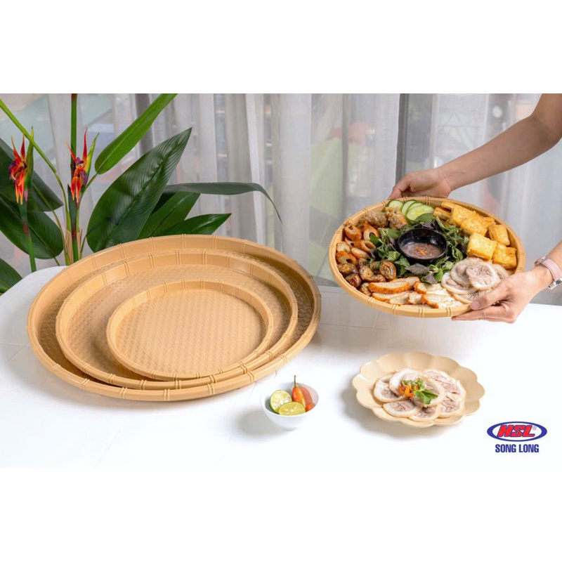 Mẹt bún nhựa SONG LONG giả mây tre đan Đủ Size 28, Đĩa mẹt tròn đựng bún đậu,đồ ăn vặt,mẹt gà,..... AMIZIN