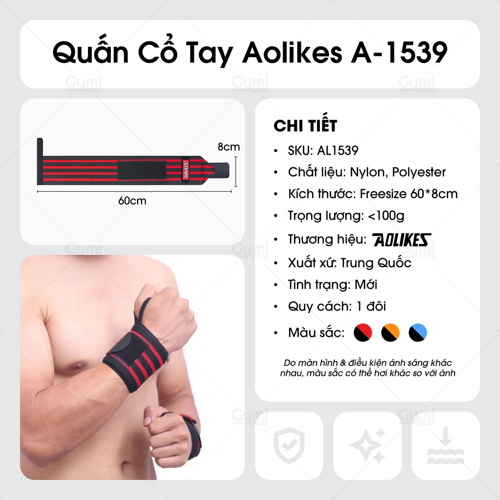 [1 Đôi] Quấn Cổ Tay Aolikes A-1539 - Dài 60cm - Quấn Bảo Vệ Tập Gym Cao Cấp Chính Hãng - AL1539