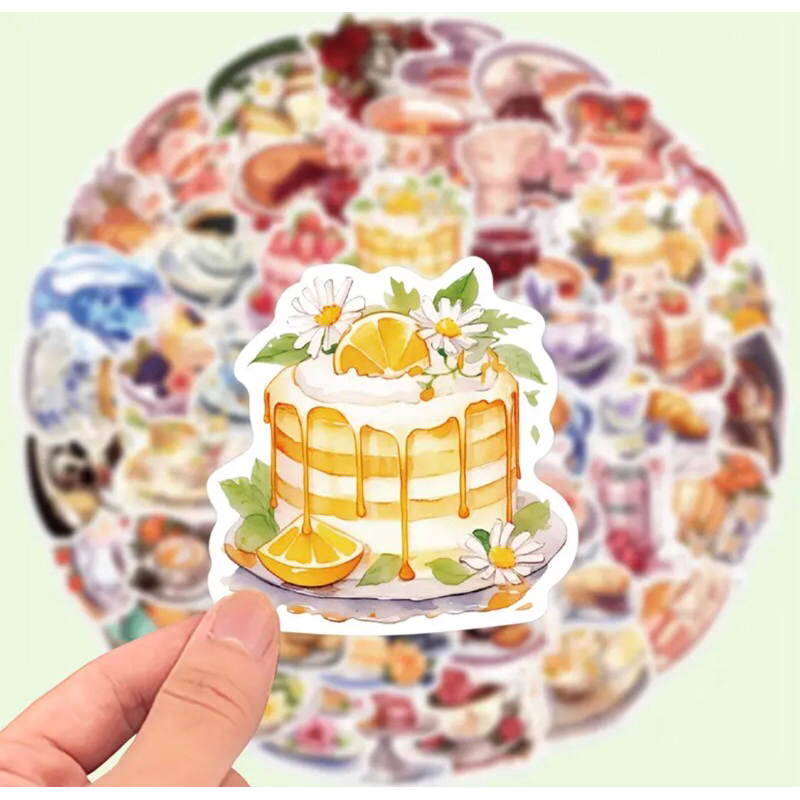 60 sticker bánh trà chiều hấp dẫn, bắt mắt  trang trí sổ tay note book laptop mũ bảo hiểm chống nước tốt trang trí sổ ta