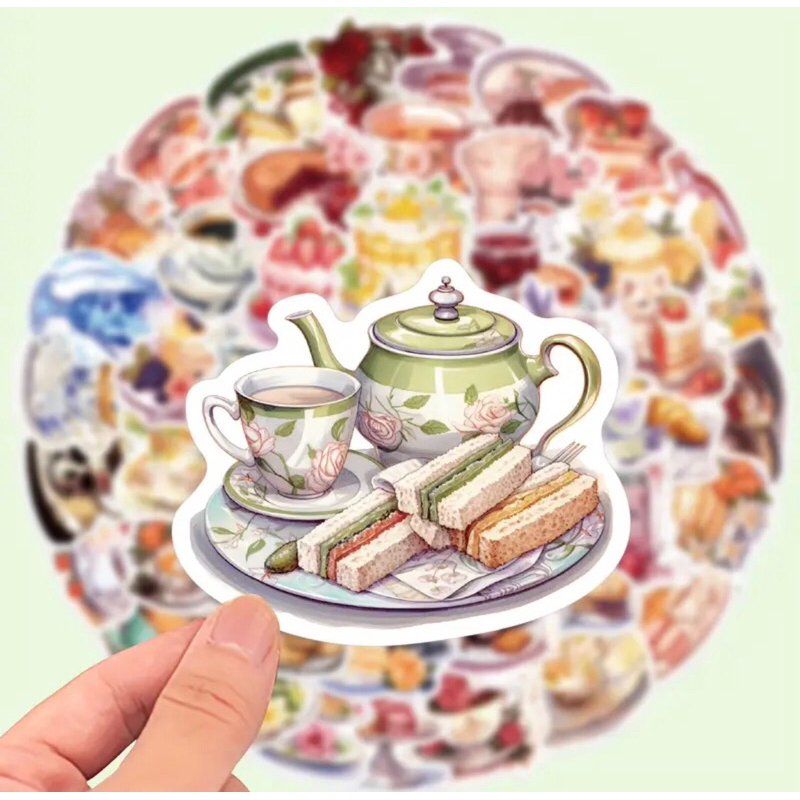 60 sticker bánh trà chiều hấp dẫn, bắt mắt  trang trí sổ tay note book laptop mũ bảo hiểm chống nước tốt trang trí sổ ta