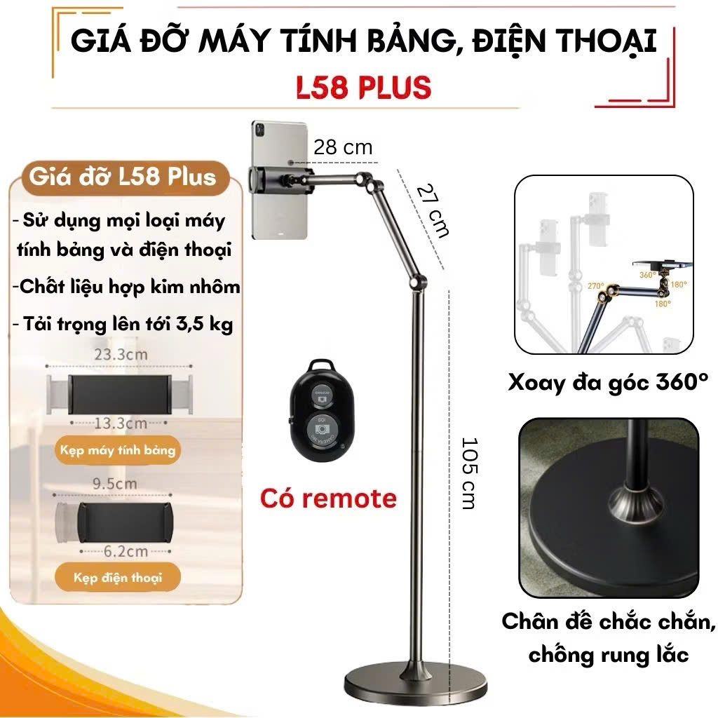 Giá Đỡ Điện Thoại L58 Xoay 360 Độ - Chất Liệu Kim Loại  - Tặng Kèm Remote - Chính Hãng HD Design
