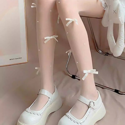 Quần tất lụa siêu mỏng đính nơ ngọc trai phong cách lolita Nhật Bản
