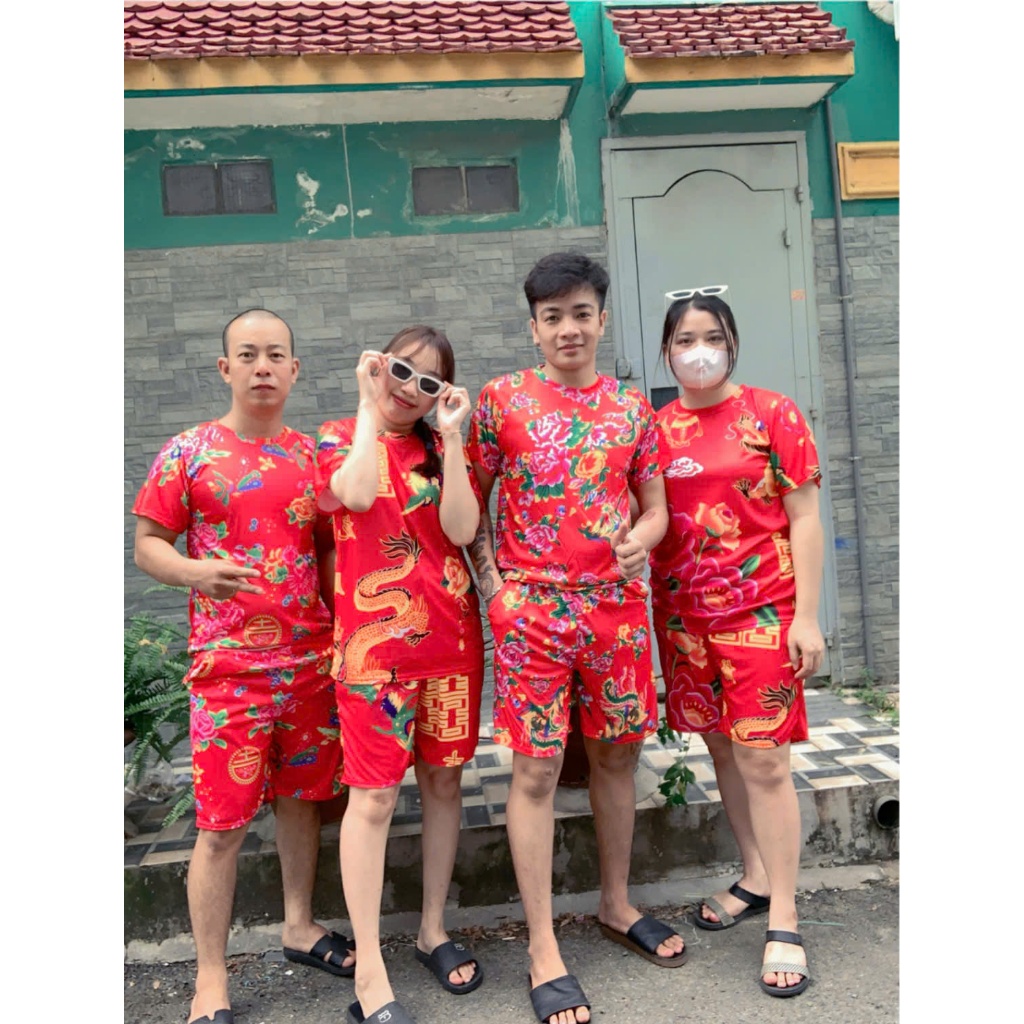 Bộ Đồ Cho Bé Trai Gài - Set mặc nhà đi chơi chúc tết du xuân họa tiên hoa đuôi con công khăn trải bàn rồng - Kl1