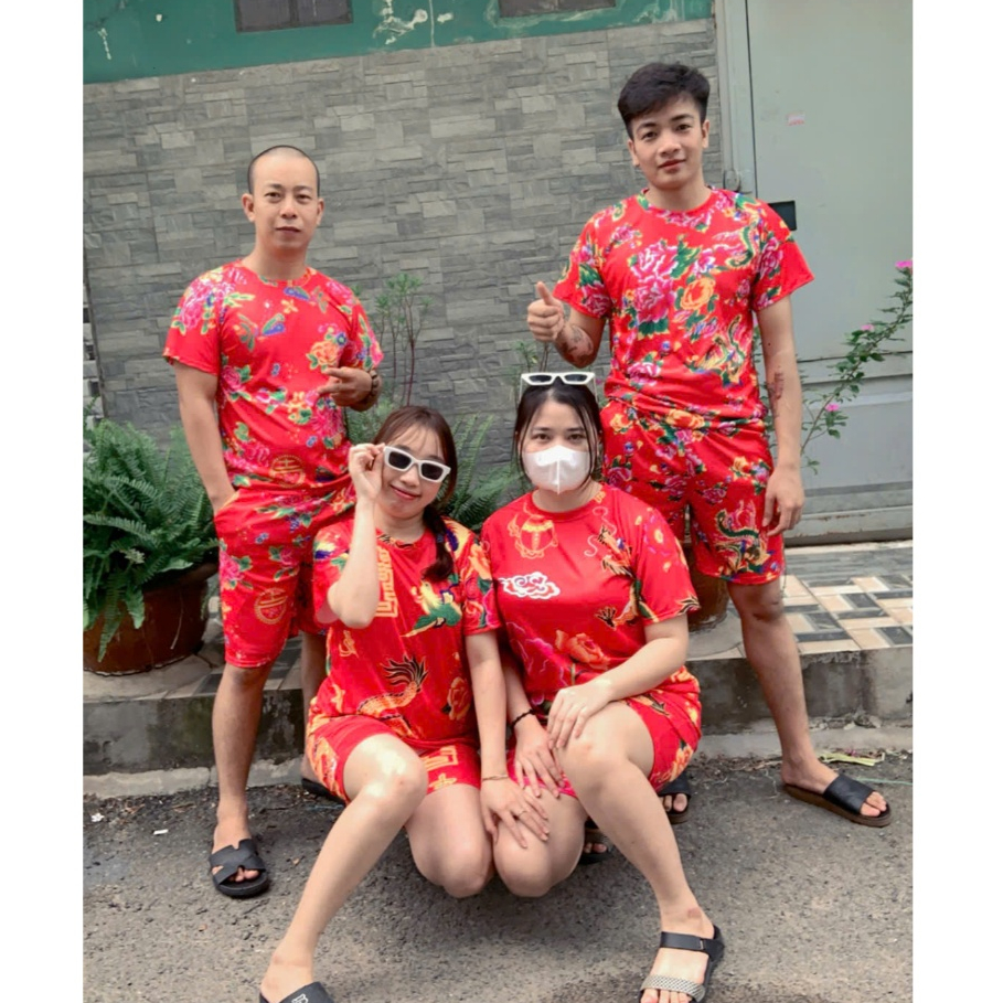 Bộ đùi dài hoa lá cành thể thao nam nữ mặc nhà đi chơi chúc tết -công rồng trải bàn đỏ - unisex Kl1