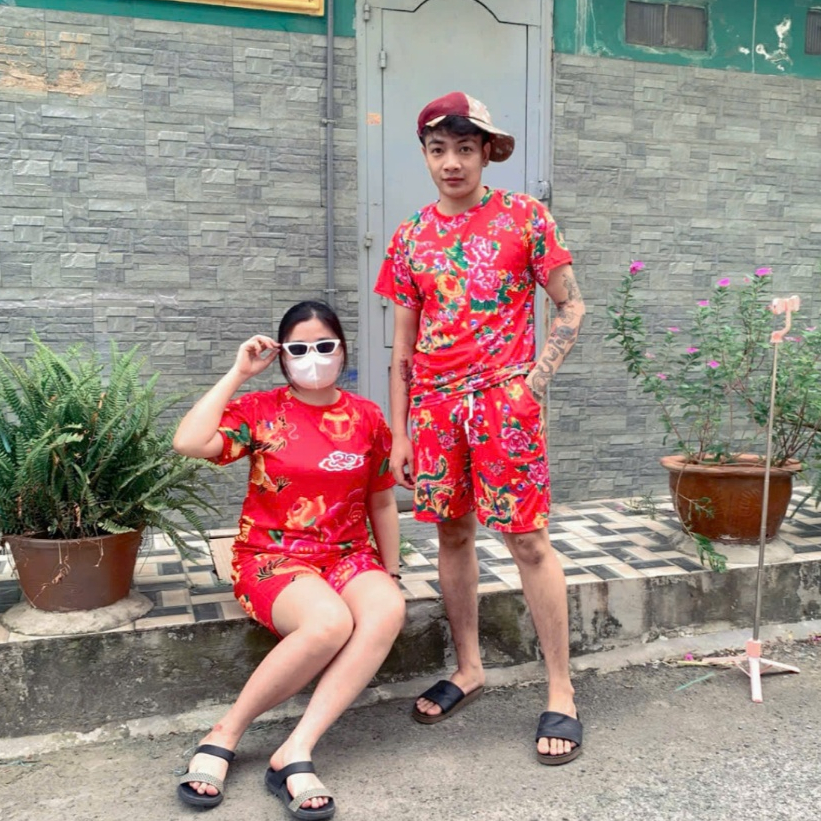 Bộ đùi dài hoa lá cành thể thao nam nữ mặc nhà đi chơi chúc tết -công rồng trải bàn đỏ - unisex Kl1