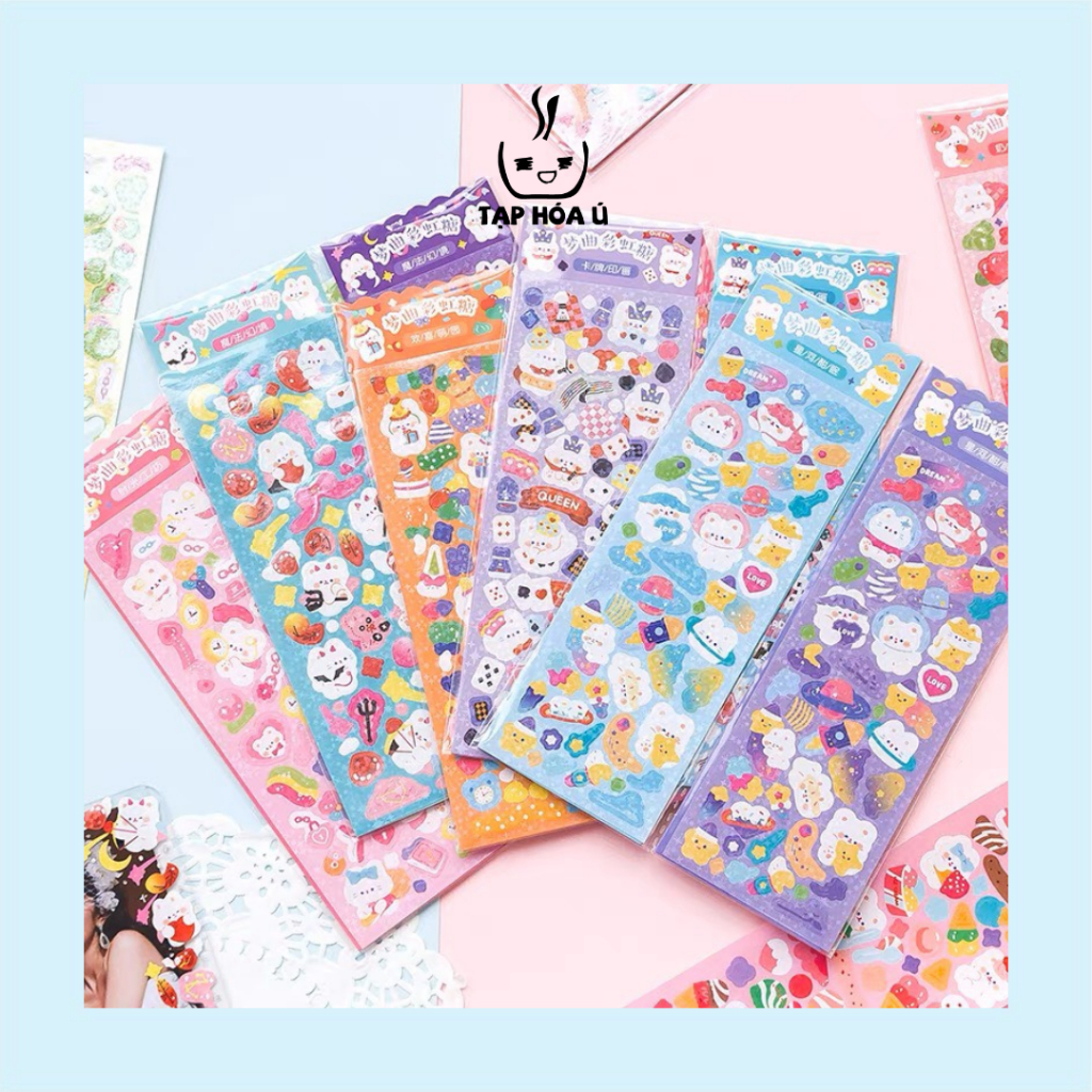 SET 2 STICKER SPARKLE HÌNH DÁN GẤU MÈO CUTE LẤP LÁNH NHIỀU CHỦ ĐÊ TRANG ...