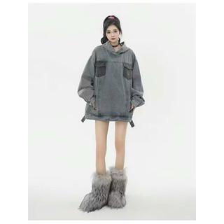 Áo Hoodie Jeans Túi Kiểu From Rộng Thời Trang Unisex