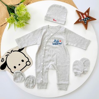 Set body dài sơ sinh thu đông Bunnybaby kèm mũ vớ chất thun 100% cotton cho bé 0-3 tháng