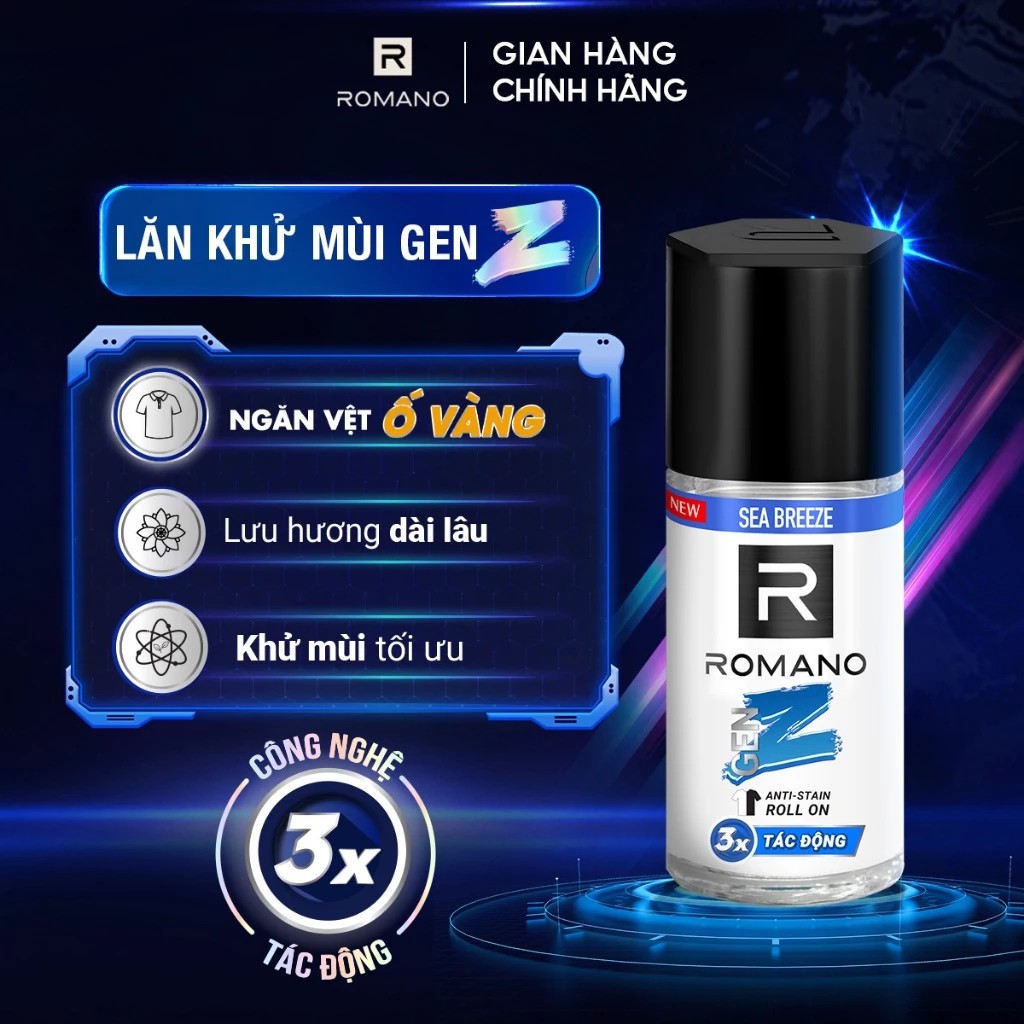 Combo 2 Lăn khử mùi nam ngăn vệt ố vàng Romano Gen Z / kháng khuẩn & khô thoáng ( 40ml / 50ml / 65ml x 2 ) - Live
