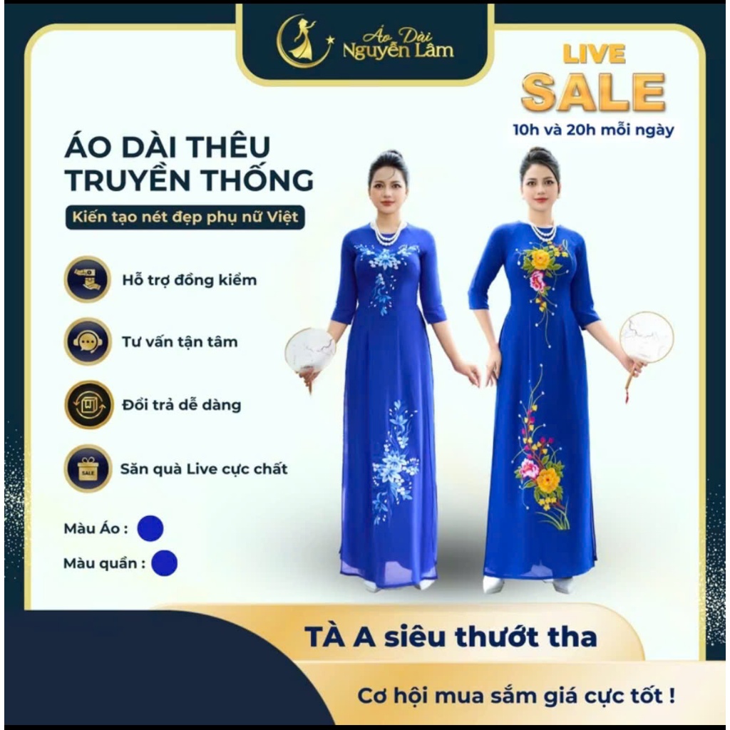 [GIẢM 40K] Áo Dài Truyền Thống, Thêu, Đính Kết Cao Cấp - BST Áo Dài Màu Coban Lụa Thêu [Co Giãn Nhẹ, Thấm Hút] Nữ
