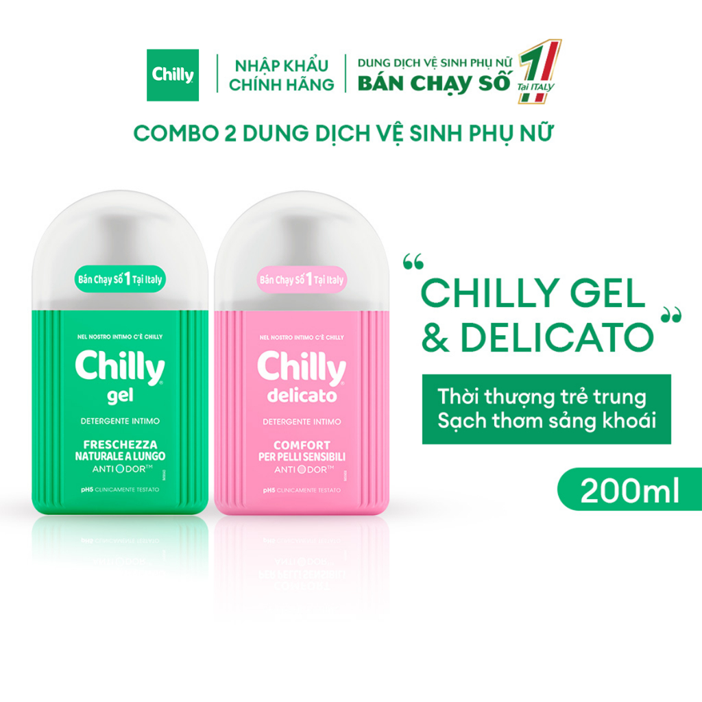 Ảnh Combo 2 Dung dịch vệ sinh phụ nữ Chilly Gel + Delicato dưỡng ẩm, chiết xuất bạc hà se se lạnh, chai 200ml x 2 2