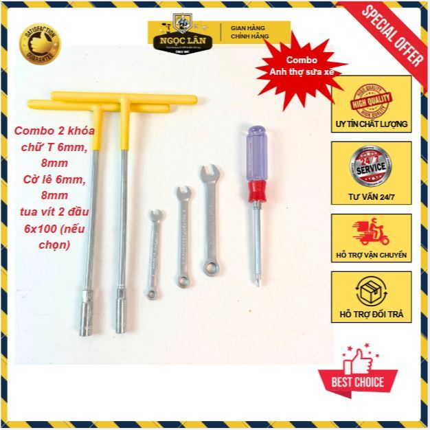 Combo 2 khóa chũ T 8mm, 10mm và 3 cờ lê vòng miệng 6m,8mm,10mm và tua vít 2 đầu 6x100