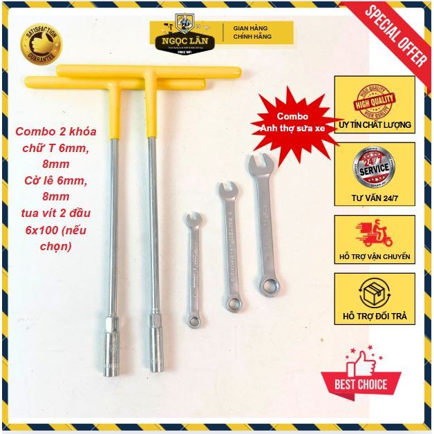 Combo 2 khóa chũ T 8mm, 10mm và 3 cờ lê vòng miệng 6m,8mm,10mm và tua vít 2 đầu 6x100