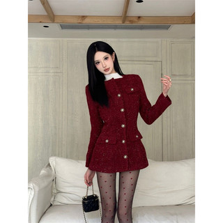 Áo khoác dạ tweed lấp lánh cổ tròn, thắt eo tôn dáng 4 túi nắp có màu đỏ đô và đen