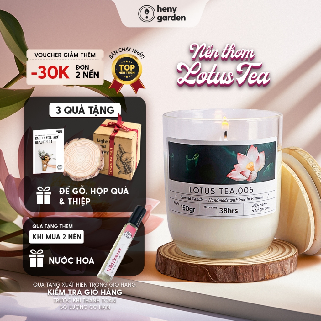 Nến Thơm Dễ Ngủ Quà Tặng 20/10 Hương Lotus Tea, Làm Quà Tặng, Decor Thơm Phòng Ngủ BST Chill Relax HENY GARDEN