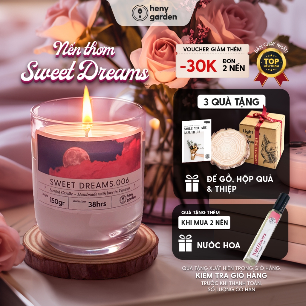 Nến Thơm Dễ Ngủ Quà Tặng 20/10 Hương Sweet Dreams, Làm Quà Tặng, Decor Thơm Phòng Ngủ BST Chill Relax HENY GARDEN