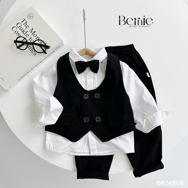 Set gile công tử dài tay kèm nơ 4 chi tiết Bernie cho bé trai, chất liệu cao cấp lên Form cực đẹp