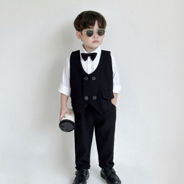 Set gile công tử dài tay kèm nơ 4 chi tiết Bernie cho bé trai, chất liệu cao cấp lên Form cực đẹp