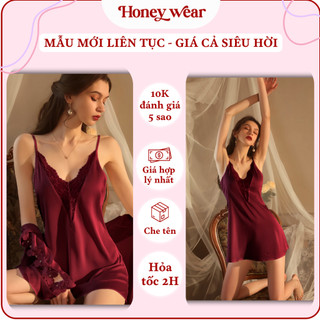 [REN GỢI CẢM - FORM ĐỒNG HỒ] Váy Ngủ Lụa Phối Ren Hai Dây Xẻ Ngực Cổ V Hở Lưng Honey Wear Sang Trọng A103