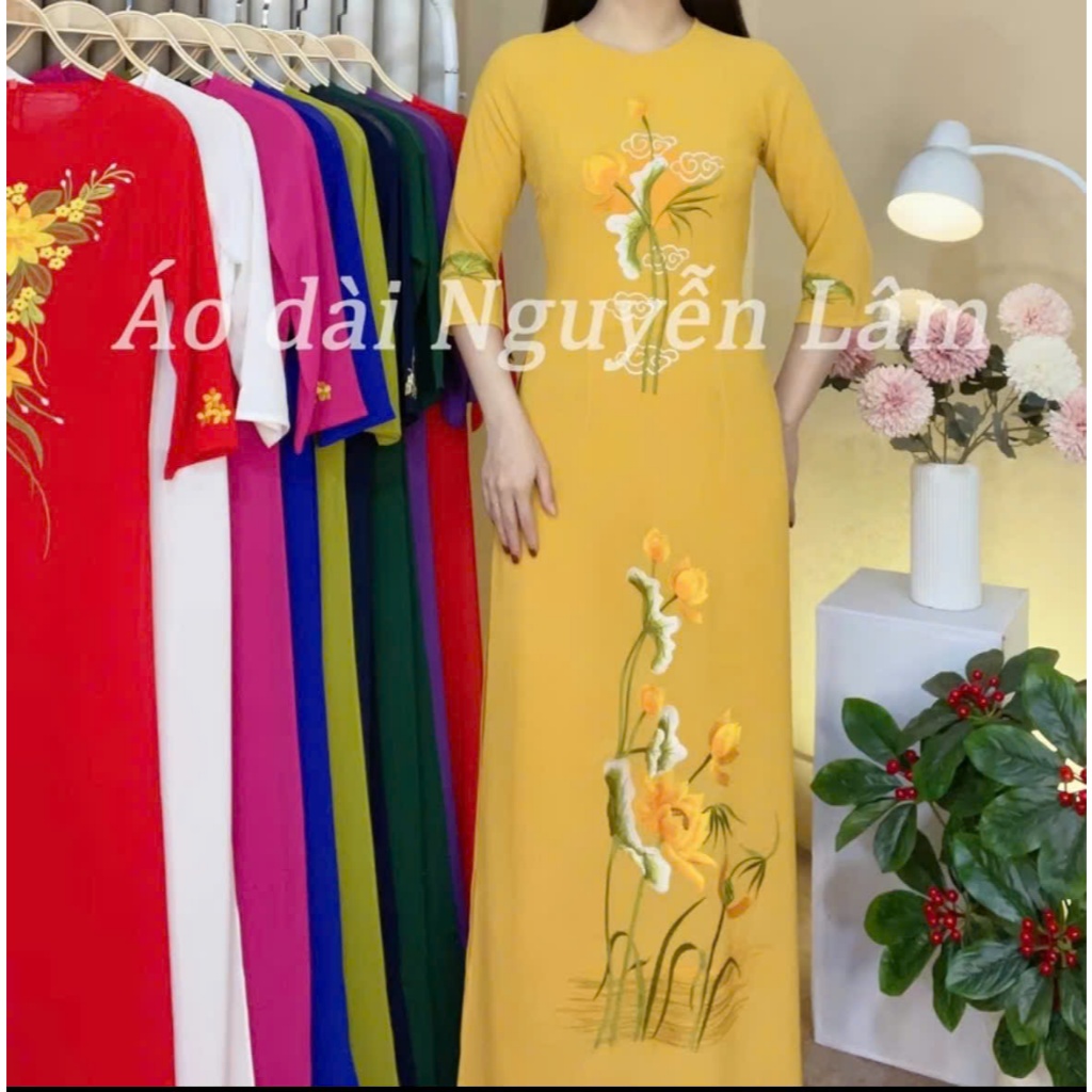 [GIẢM 40K] BST Áo Dài Vàng Lụa Thêu Cao Cấp [ Co Giãn Nhẹ, Thấm Hút] - Áo Dài Cho Mẹ Và Áo Dài Cho Mẹ Sui